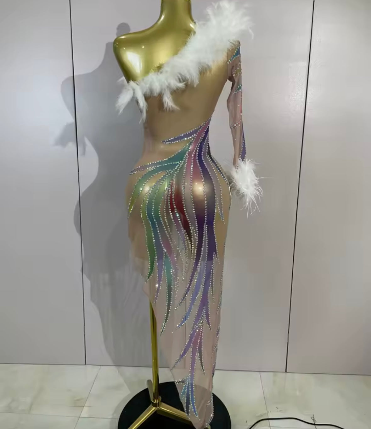 Sexy Feather One Shoulder Multicolored Rhinestone Dress
