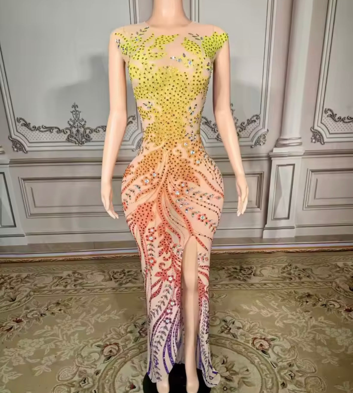 Sexy Sleeveless Multicolored Rhinestone Maxi Dress