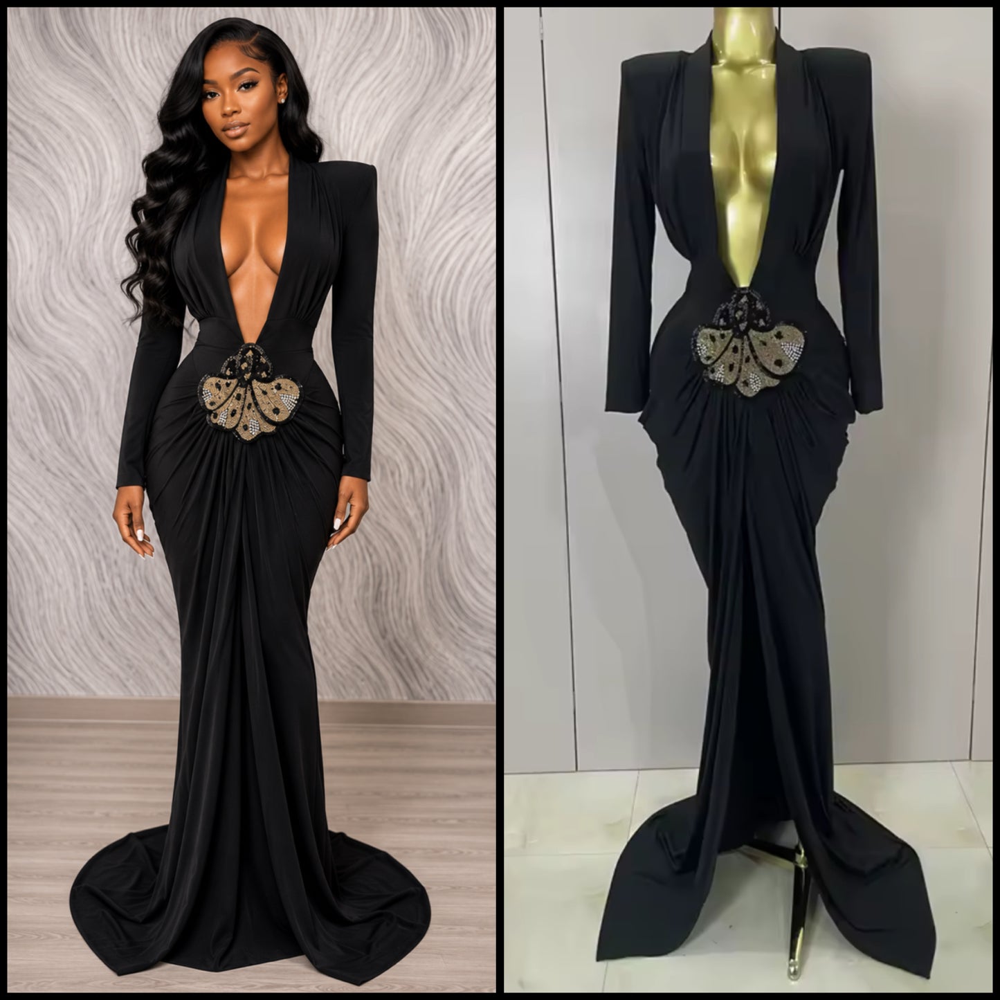 Sexy Black Deep V-Neck Full Sleeve Beaded Maxi Dress
