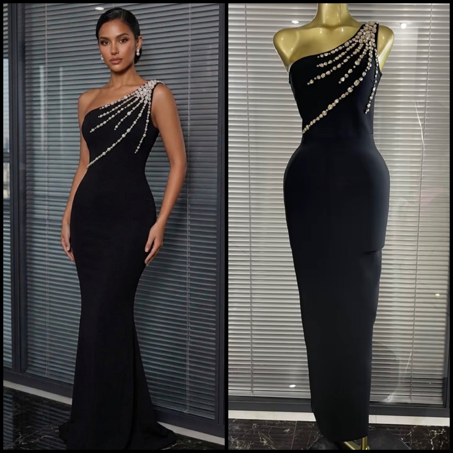 Sexy Black Rhinestone One Shoulder Sleeveless Maxi Dress