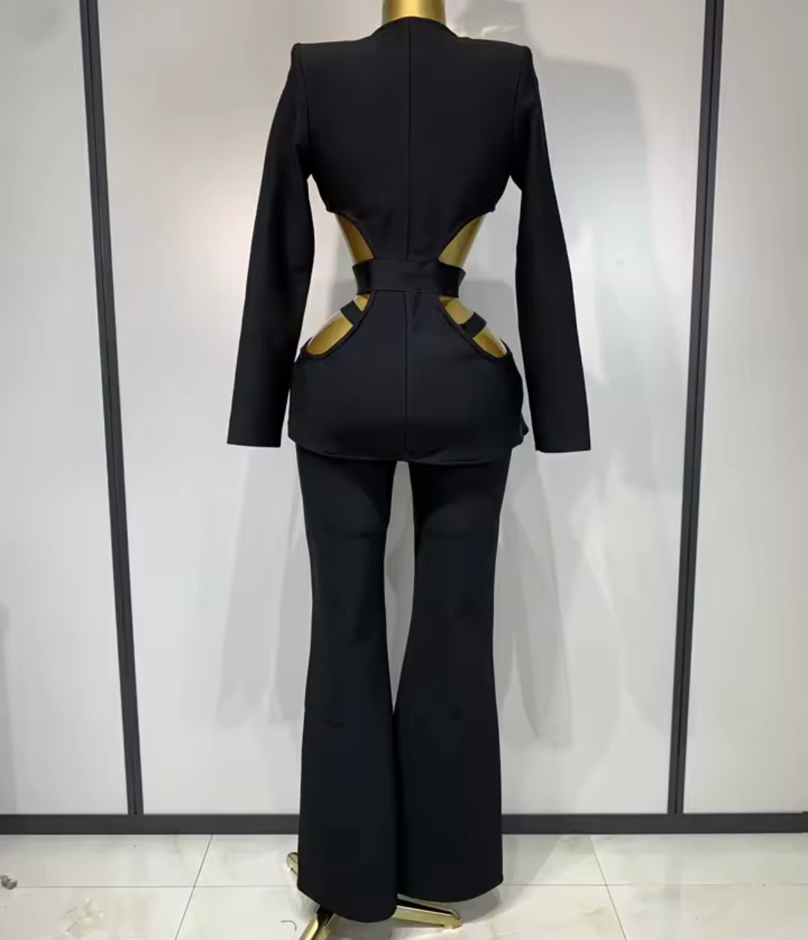 Black Sexy Hollow Out Full Sleeve Blazer Pant Set