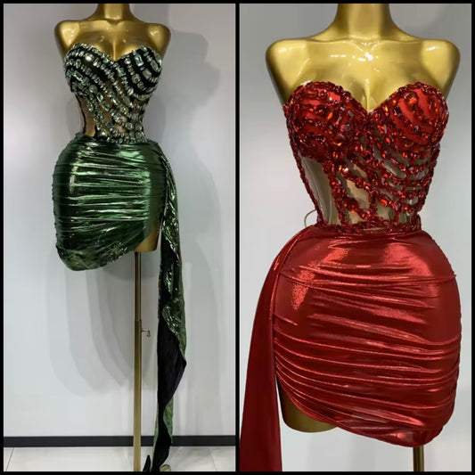 Crystal Strapless Sexy Mesh Corset Two Piece PU Skirt Set
