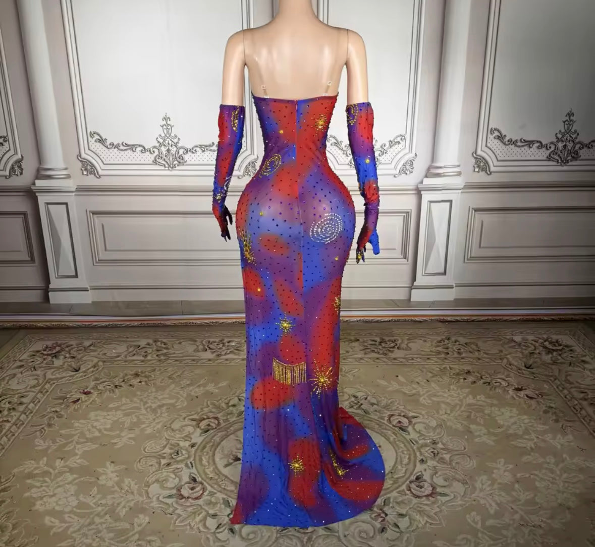 Women Sexy Sleeveless Printed Glove Side Split Maxi Dress