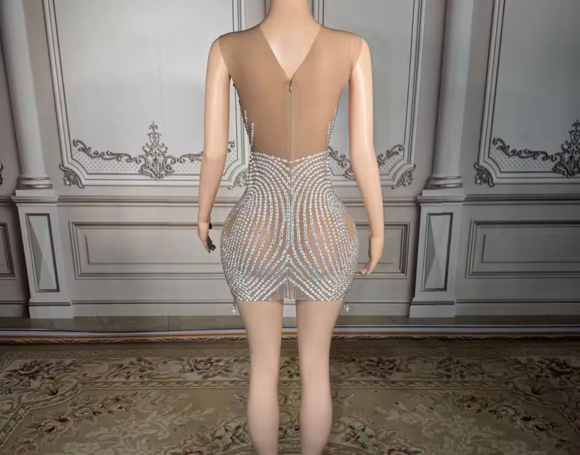 Sexy Rhinestone Embellishment Sleeveless See Through Dress