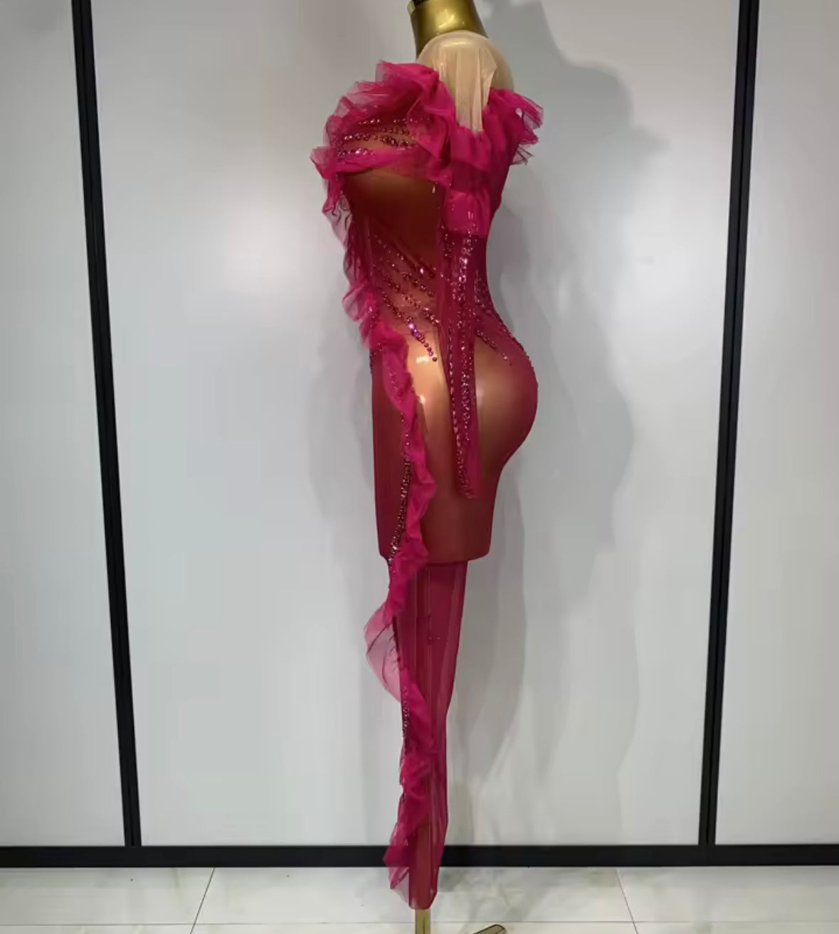 Pink Sexy Ruffled Rhinestone See Through Jumpsuit