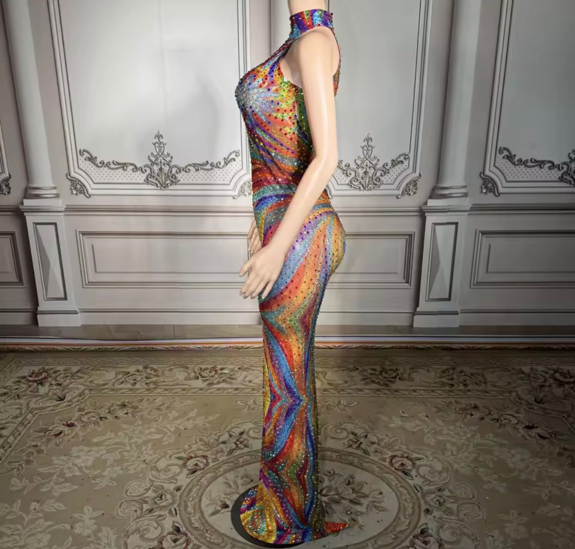Multicolored Rhinestone Sexy Sleeveless Maxi Dress