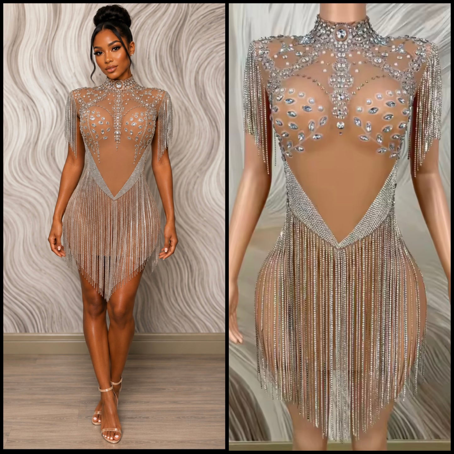 Sexy Rhinestone Tassel See Through Sleeveless Dress