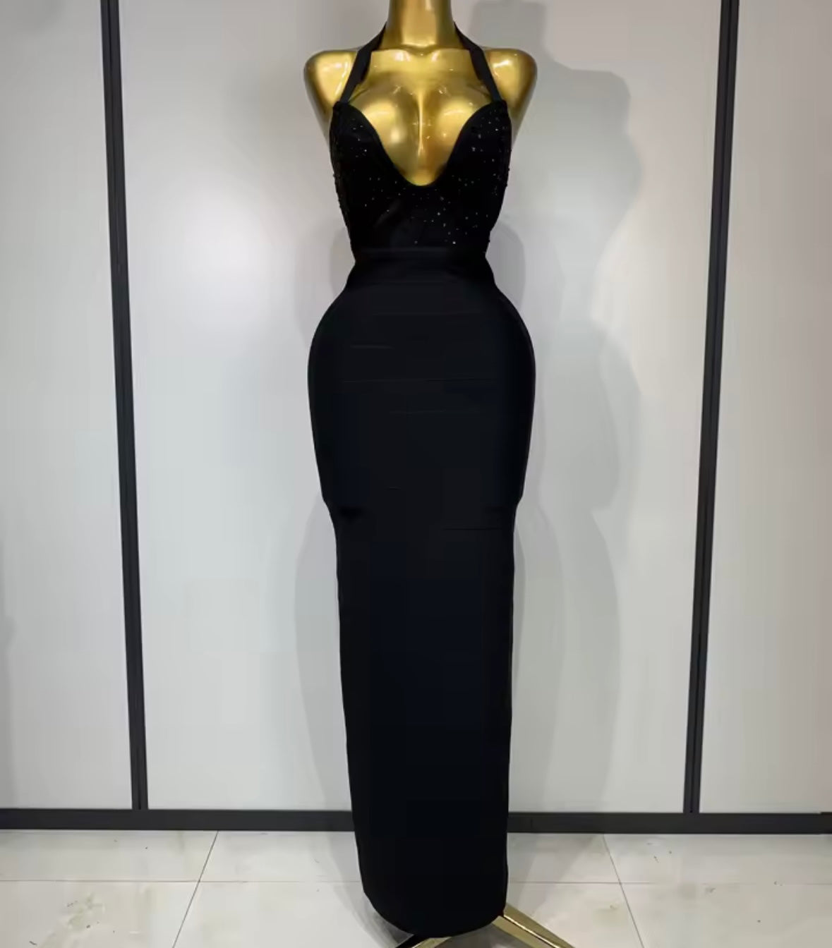 Black Sexy Halter Sleeveless Rhinestone Maxi Dress