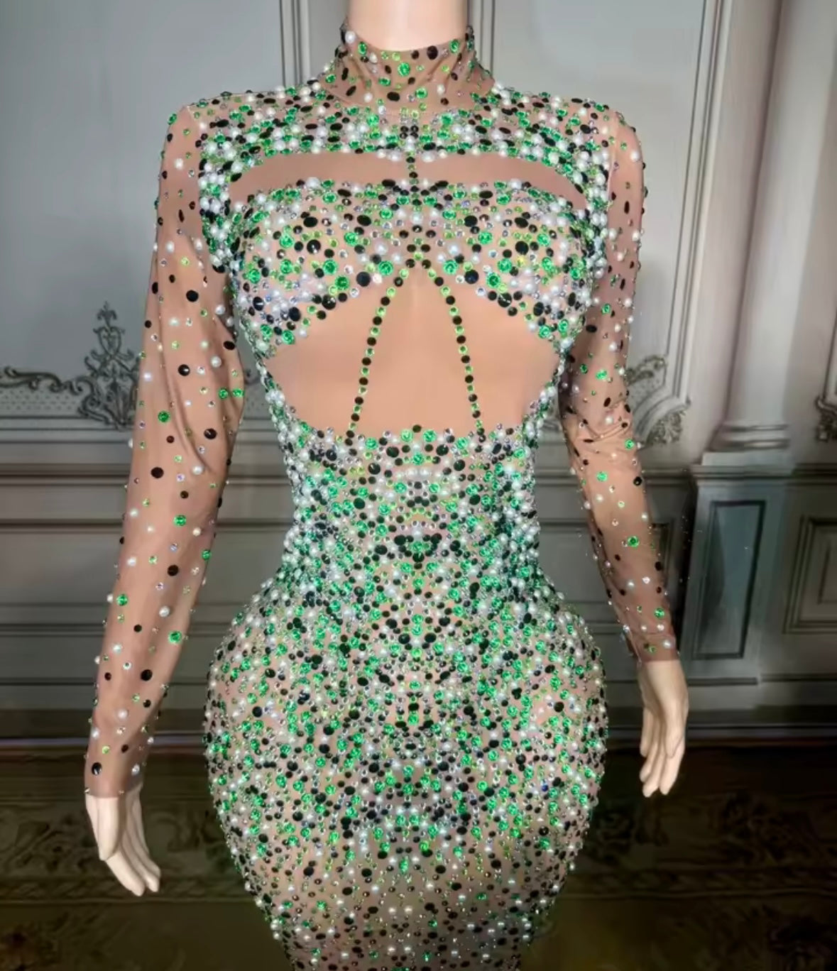 Sexy Beaded Rhinestone Full Sleeve Maxi Dress