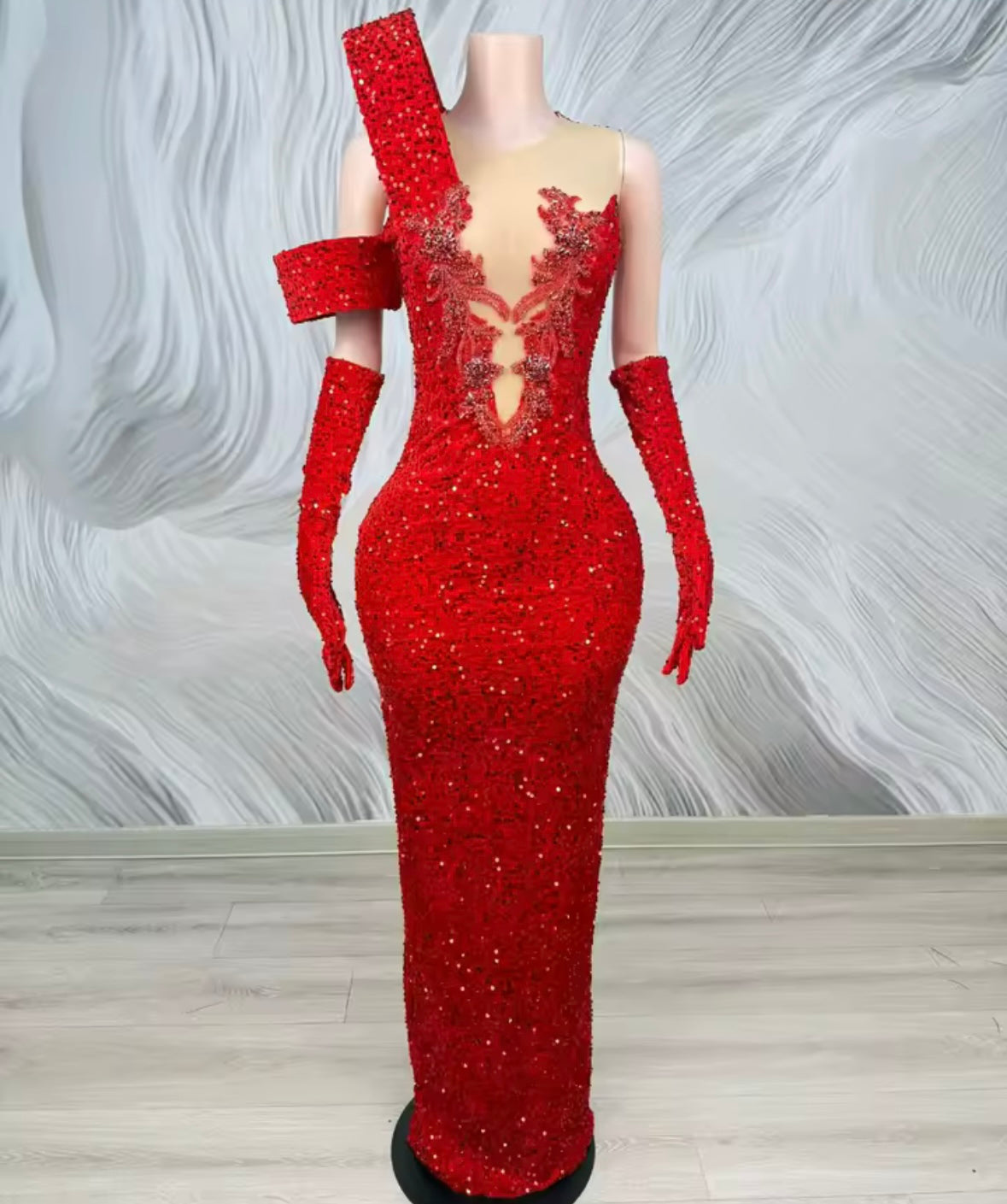 Elegant Sparkly Rhinestone Glove Maxi Dress