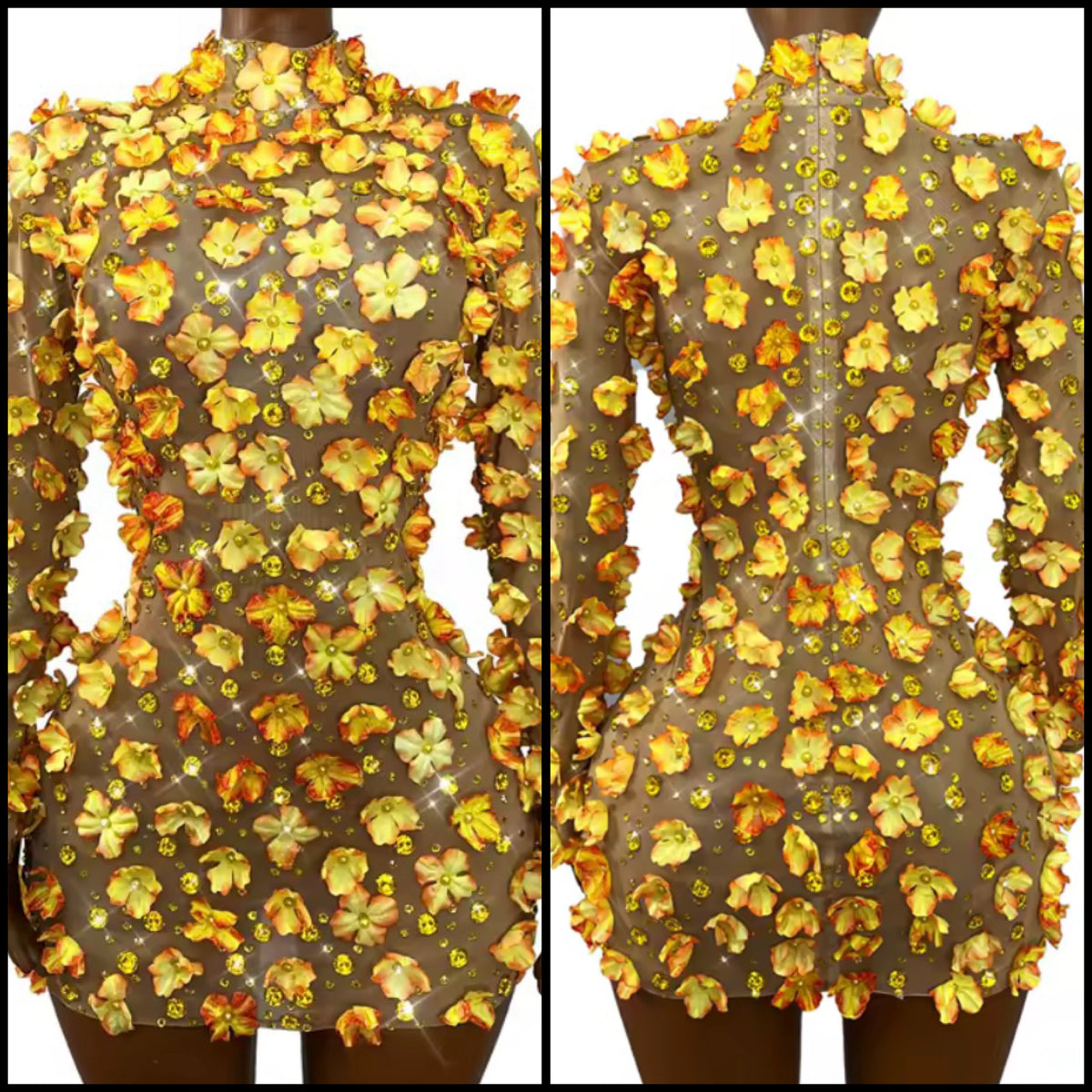 Sexy Full Sleeve Floral Rhinestone Short Dress