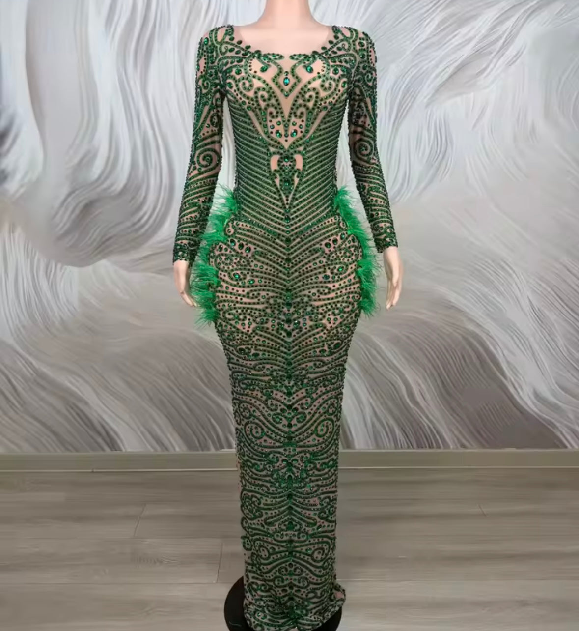 Sexy Green Feather Rhinestone Embellishment Maxi Dress