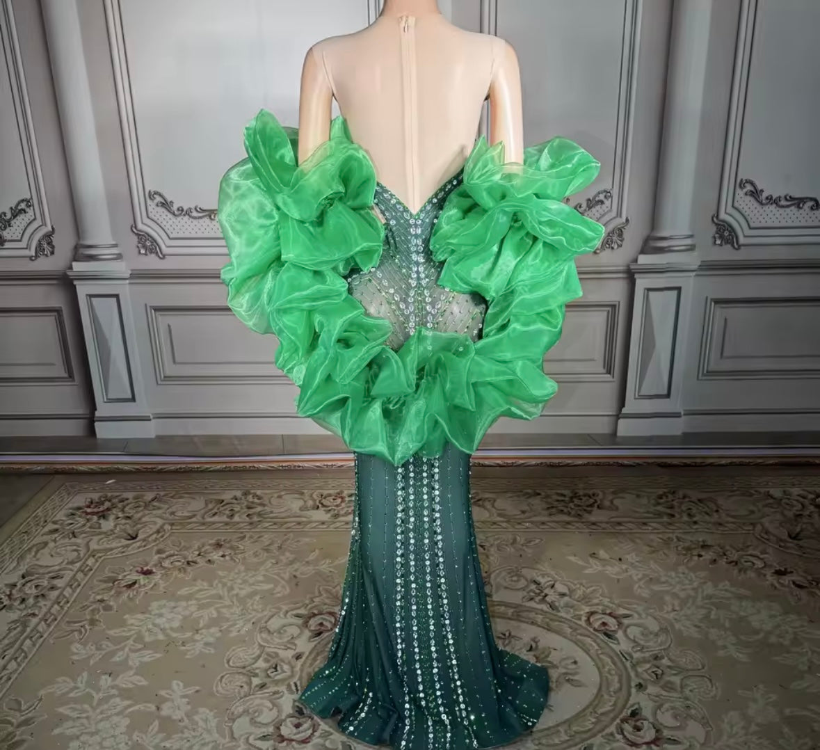 Sexy Green Puff Ruffled Sleeve Rhinestone Front Splits Maxi Dress