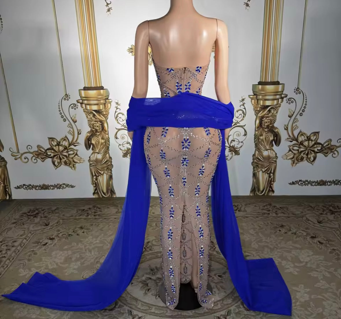 Elegant Strapless Blue Rhinestone See Through Maxi Dress