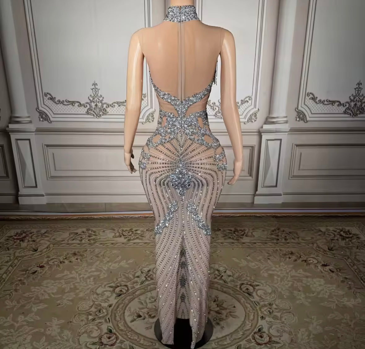 Sexy Sleeveless Rhinestone Tassel See Through Maxi Dress