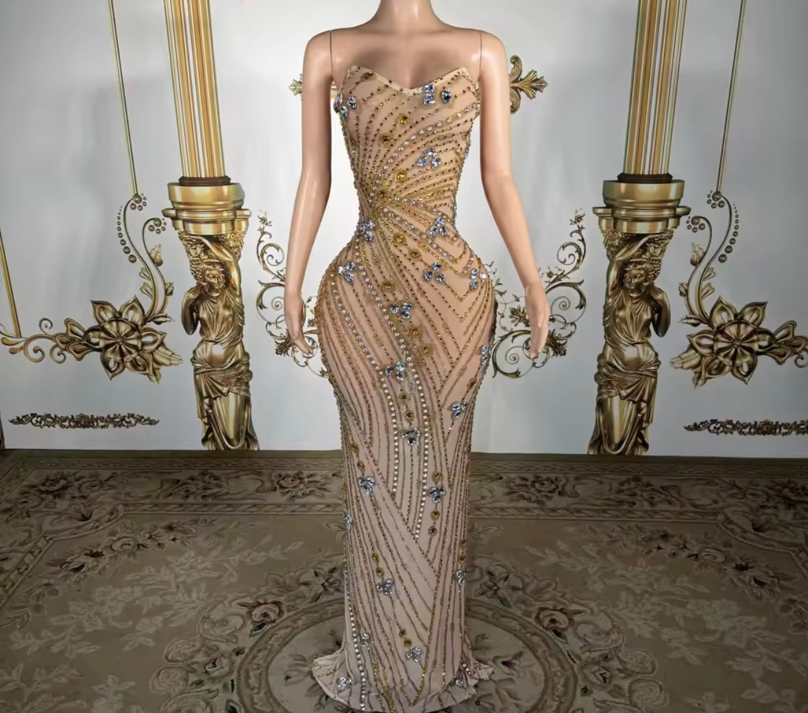 Sexy Strapless See Through Rhinestone Embellishment Dress