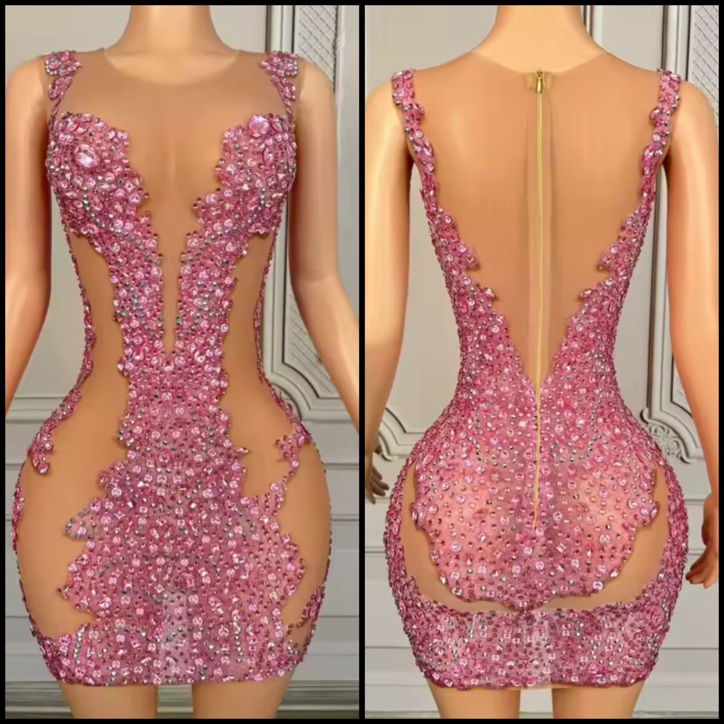 Sexy Sleeveless See Through Pink Beaded Rhinestone Dress