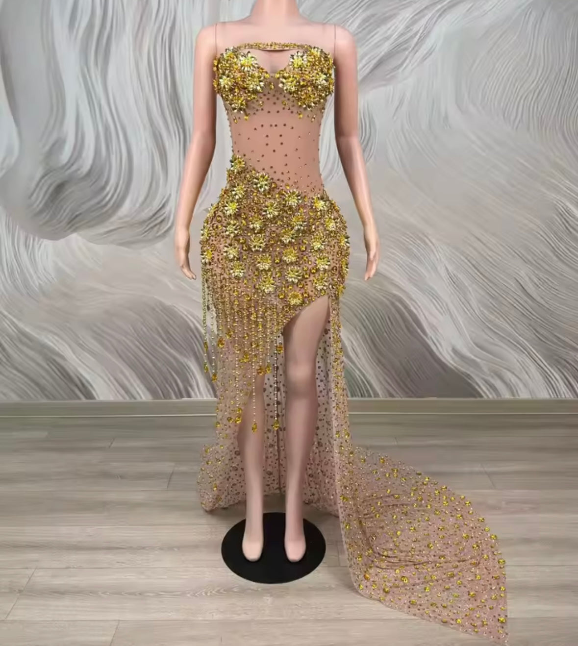 Sleeveless Crystal Rhinestone Tassel Side Split Maxi Dress