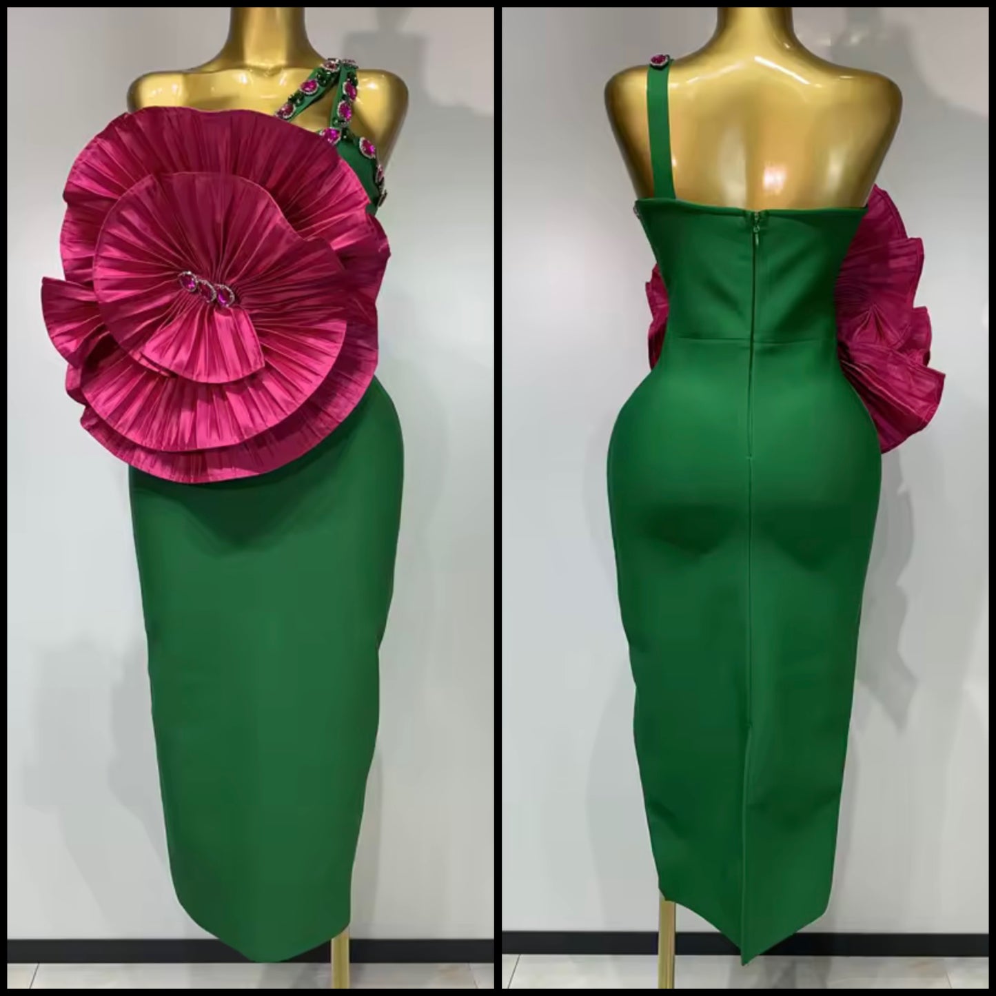 Green Elegant Crystal Floral Sleeveless Dress