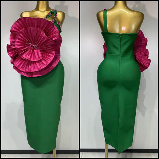 Green Elegant Crystal Floral Sleeveless Dress