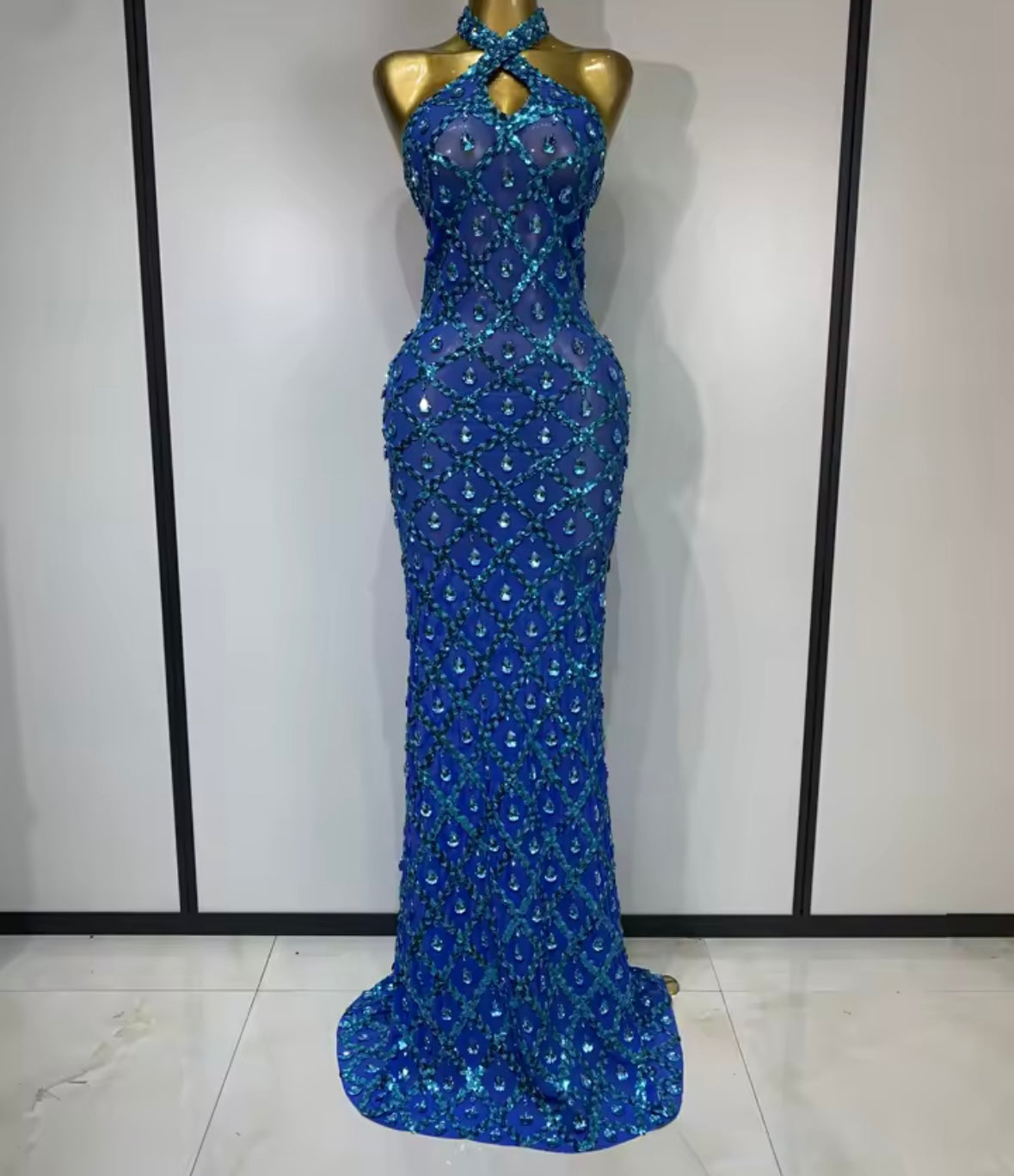 Sexy Blue Crystal Halter Floor-Length Dress