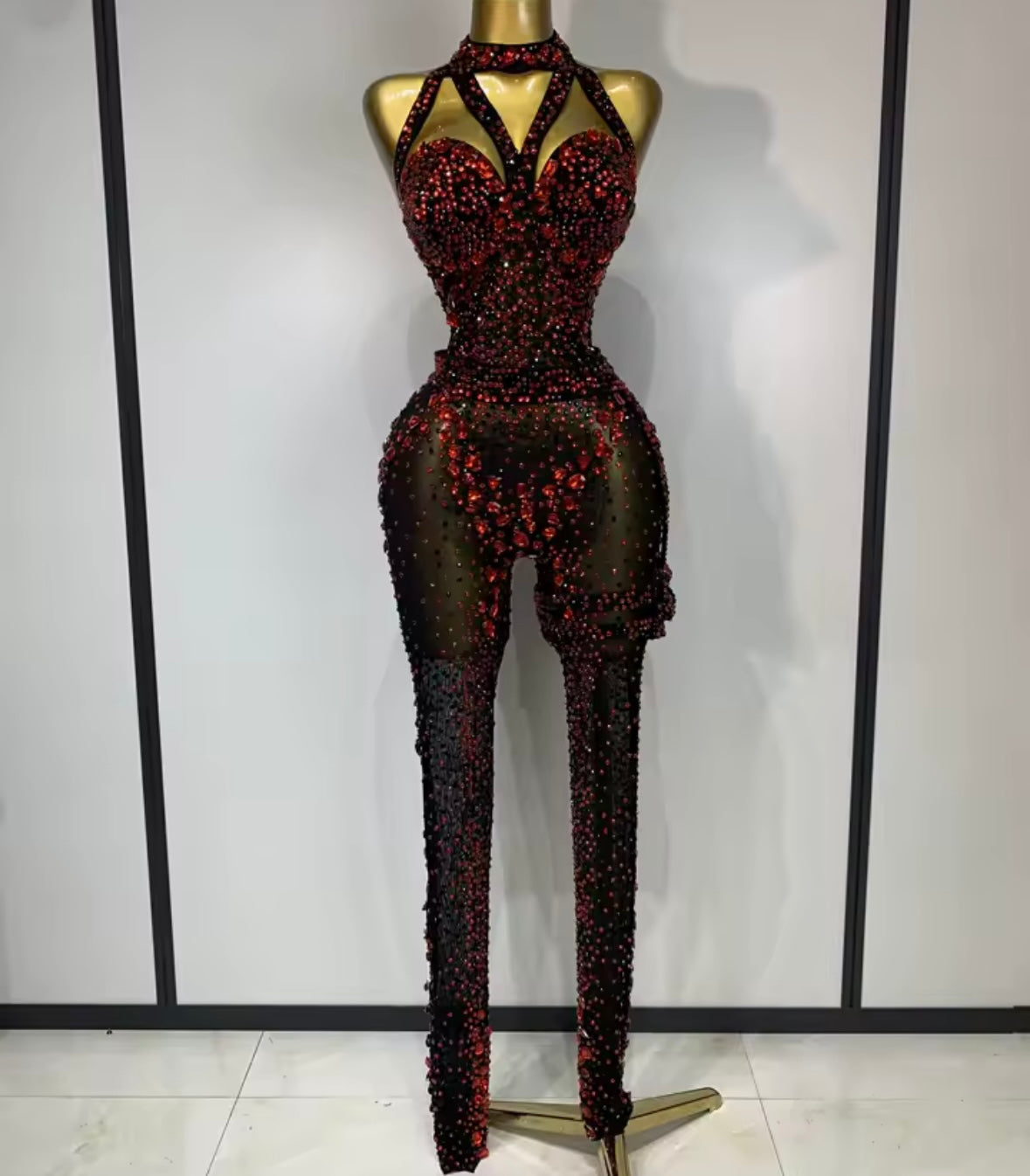 Black Sexy Halter Sleeveless Red Rhinestone See Through Jumpsuit