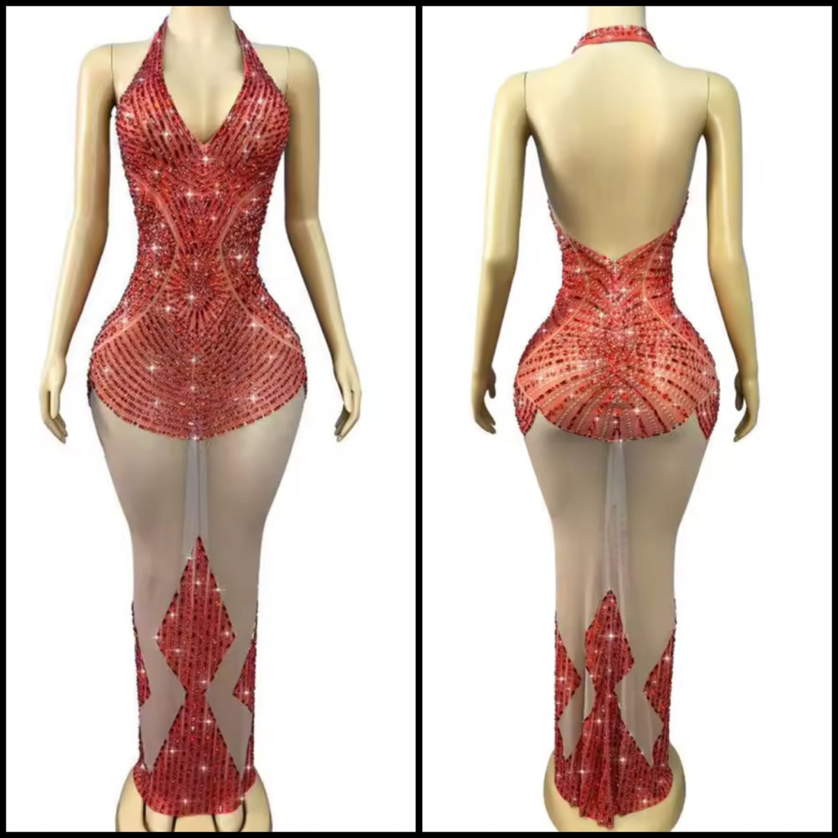 Sexy Halter Sleeveless Rhinestone See Through Maxi Dress