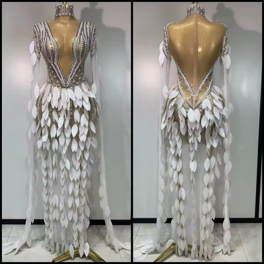 Sexy Pearl Rhinestone See Through Floor-Length Dress