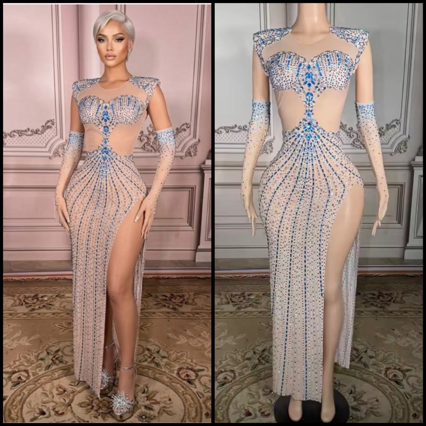 Sexy Color Rhinestone See Through Glove Maxi Dress