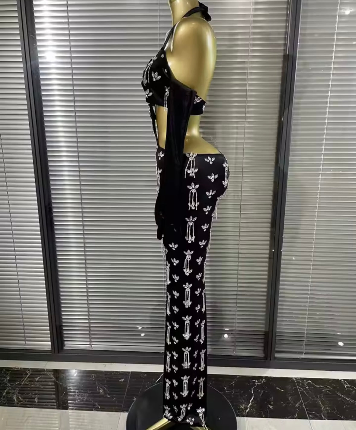 Black Sexy Halter Rhinestone Hollow Out Maxi Dress