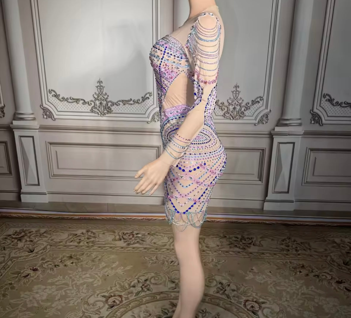 Sexy Color Rhinestone Full Sleeve See Through Dress