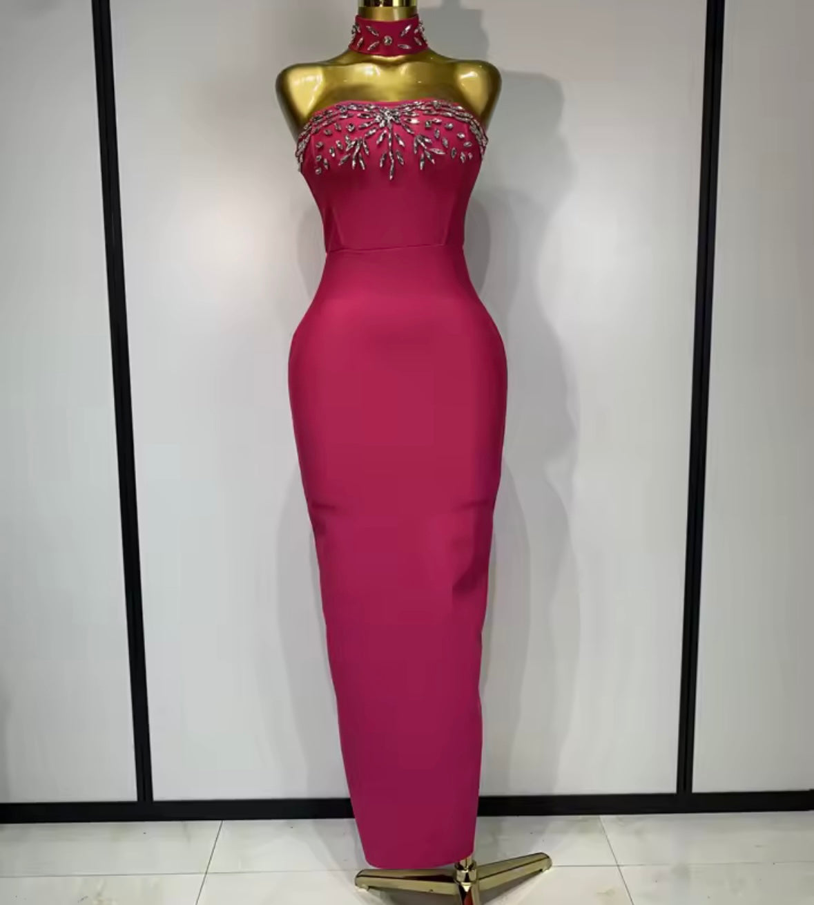 Pink Choker Strapless Sexy Rhinestone Maxi Dress