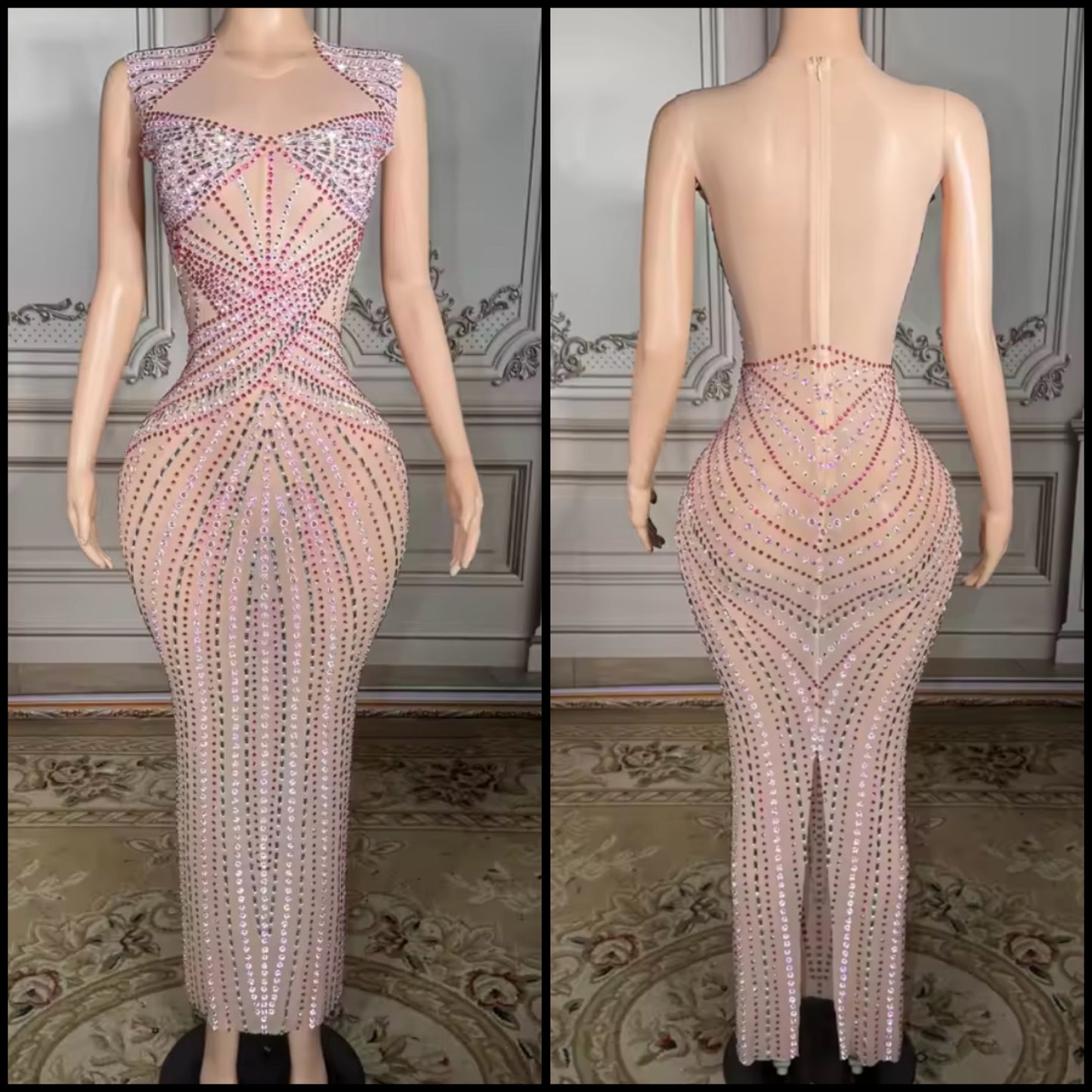 Sexy Sleeveless Color Rhinestone See Through Maxi Dress