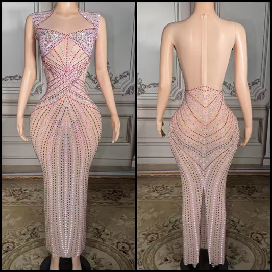 Sexy Sleeveless Color Rhinestone See Through Maxi Dress