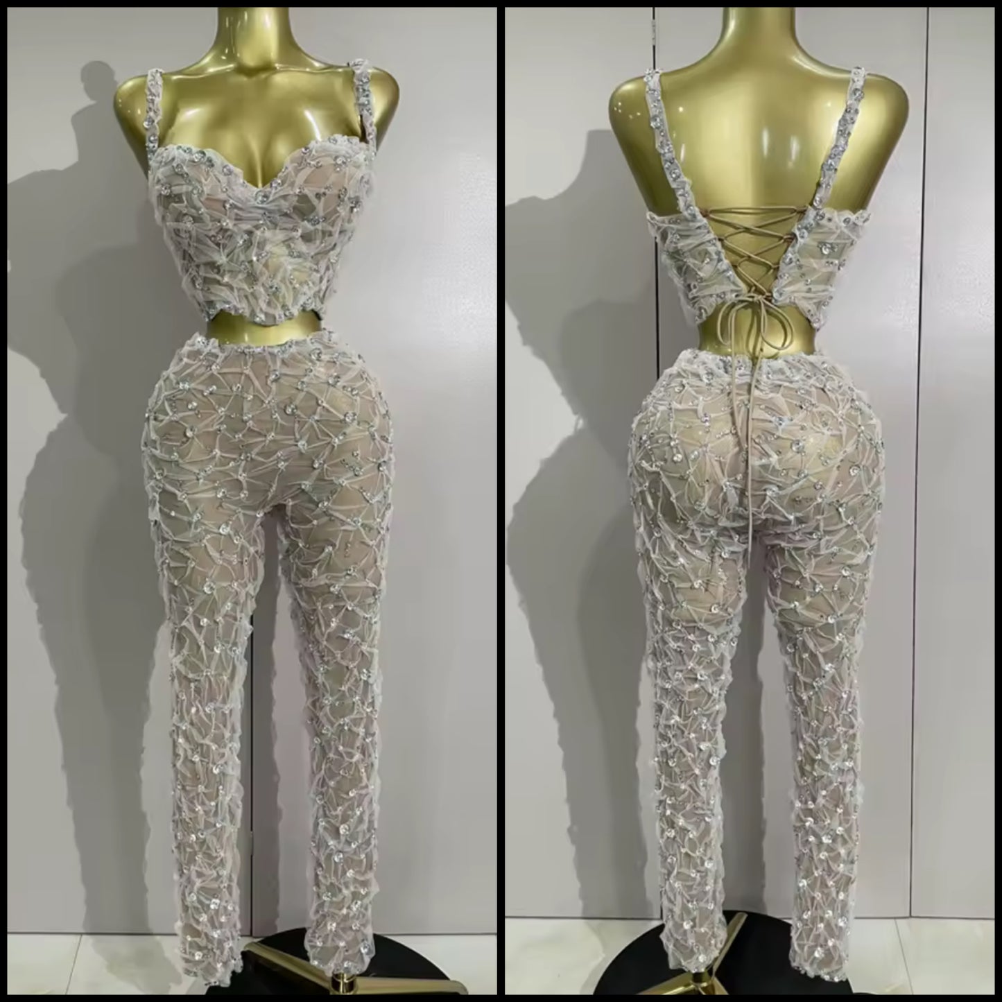 Sleeveless Rhinestone Crop Tank Two Piece Sexy Pant Set