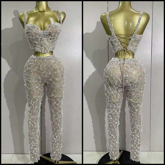 Sleeveless Rhinestone Crop Tank Two Piece Sexy Pant Set