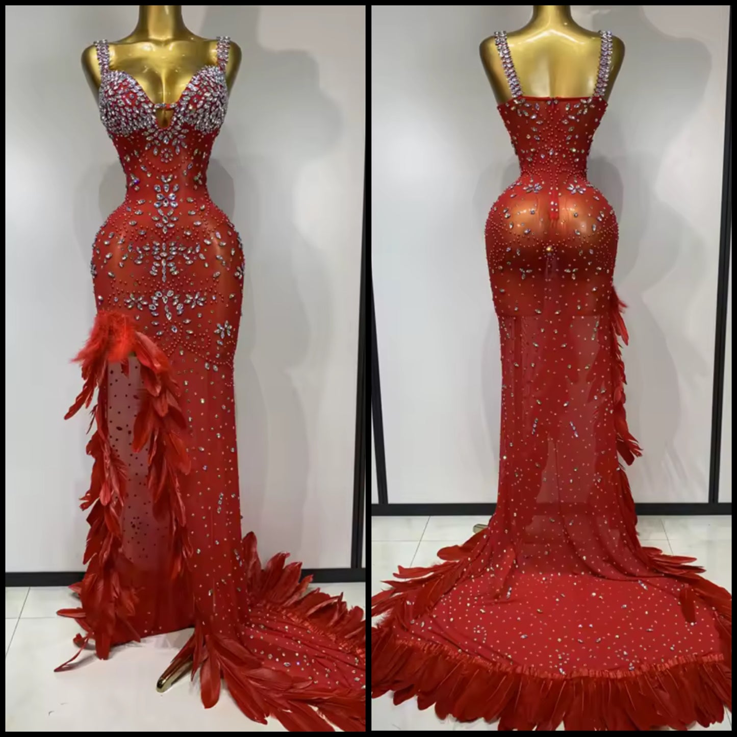 Red Sexy Sleeveless Rhinestone Feather Floor-Length Dress