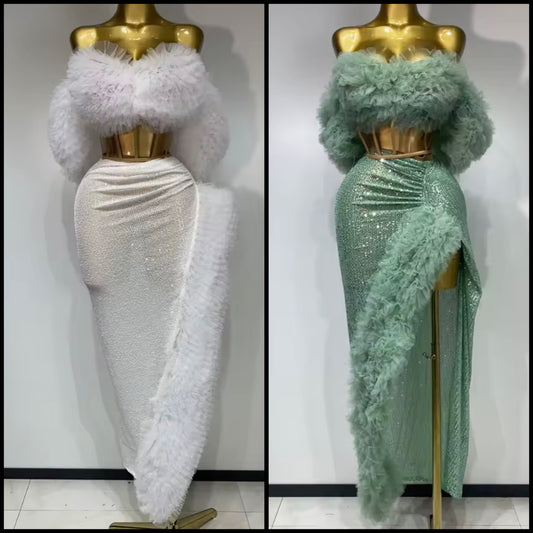 Sexy Ruffled Strapless Corset Two Piece Sequins Maxi Skirt Set
