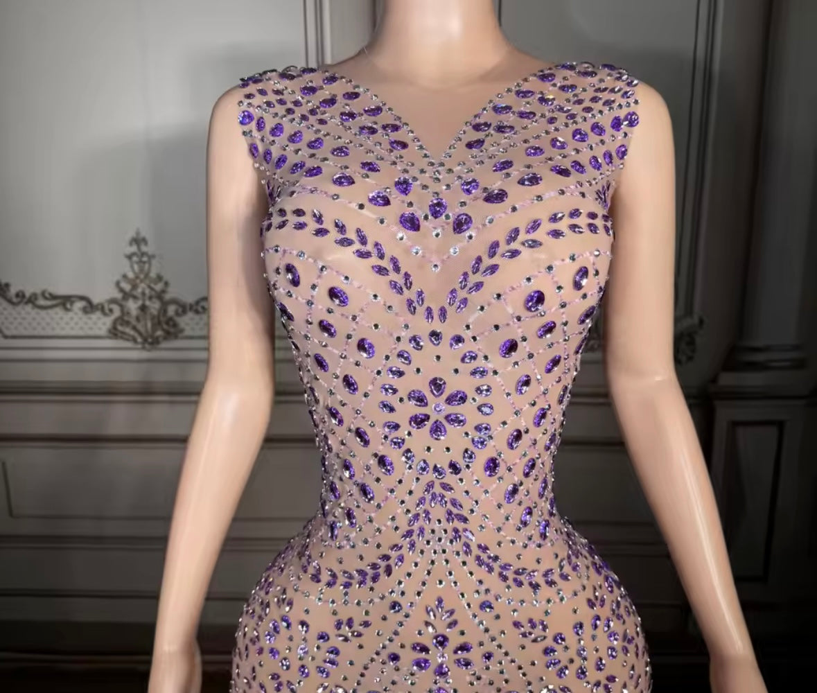 Sexy Sleeveless See Through Purple Rhinestone Maxi Dress