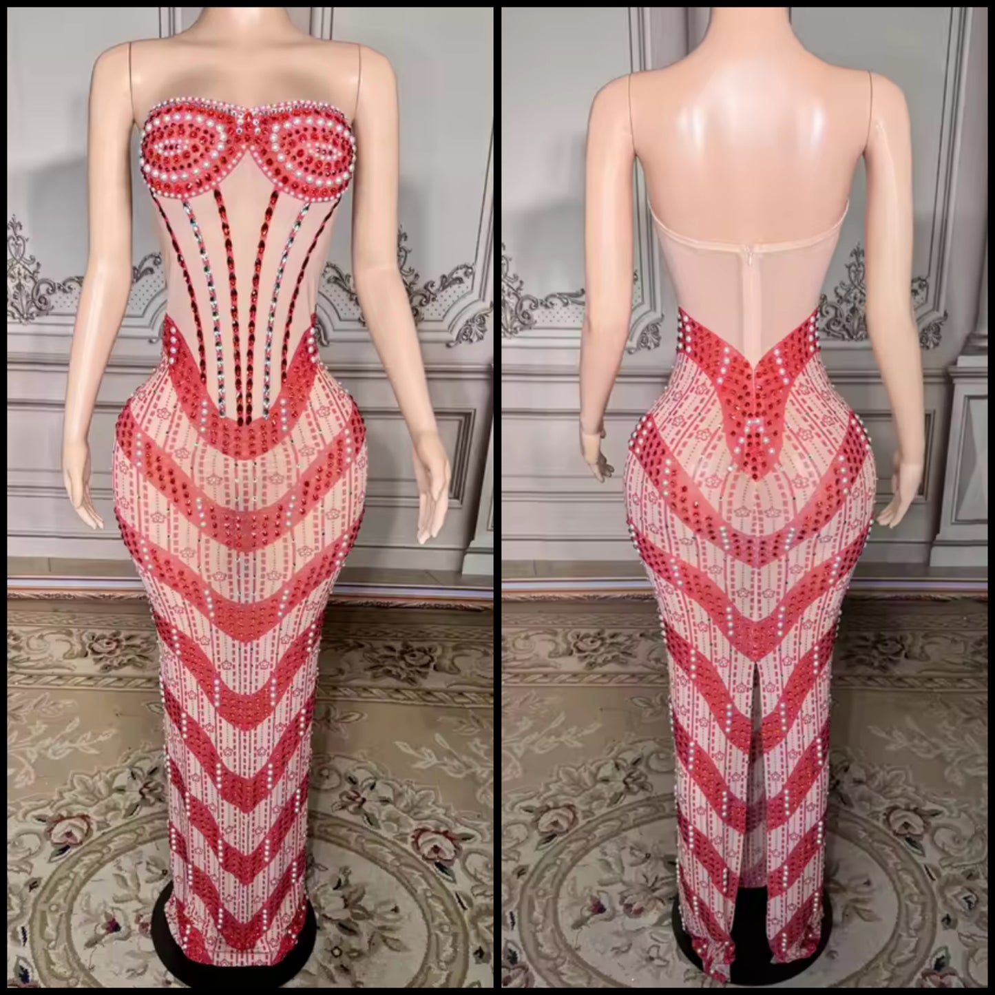 Sexy Strapless See Through Rhinestone Maxi Dress