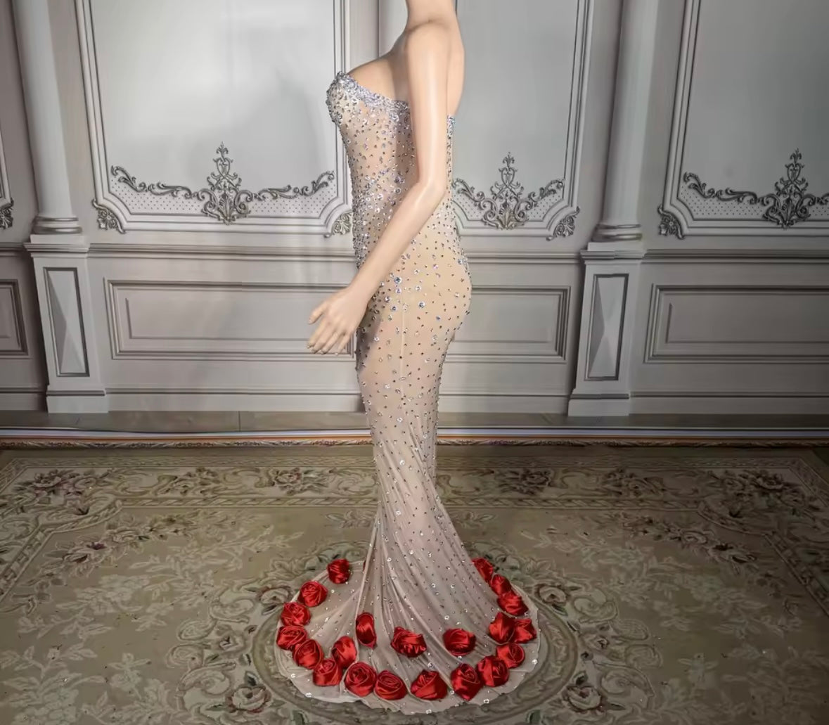 Strapless See Through Rhinestone Rose Sexy Floor-Length Dress
