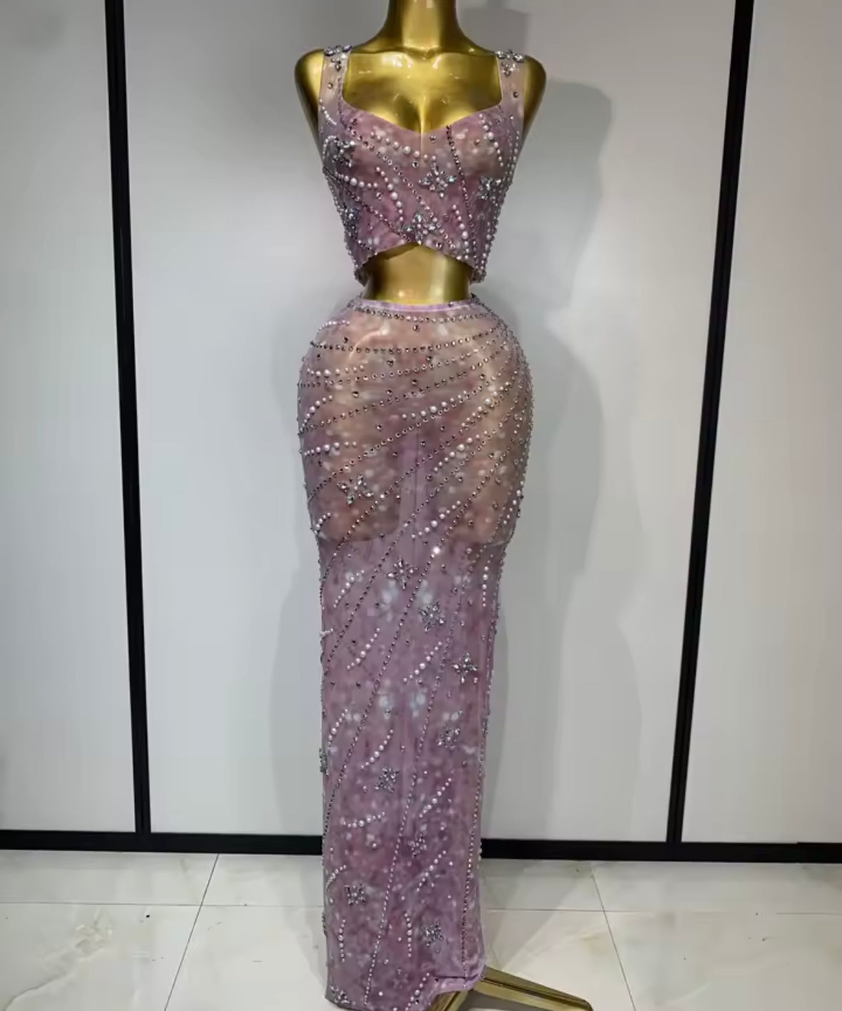 Sexy Sleeveless Rhinestone Beaded Two Piece Maxi Skirt Set