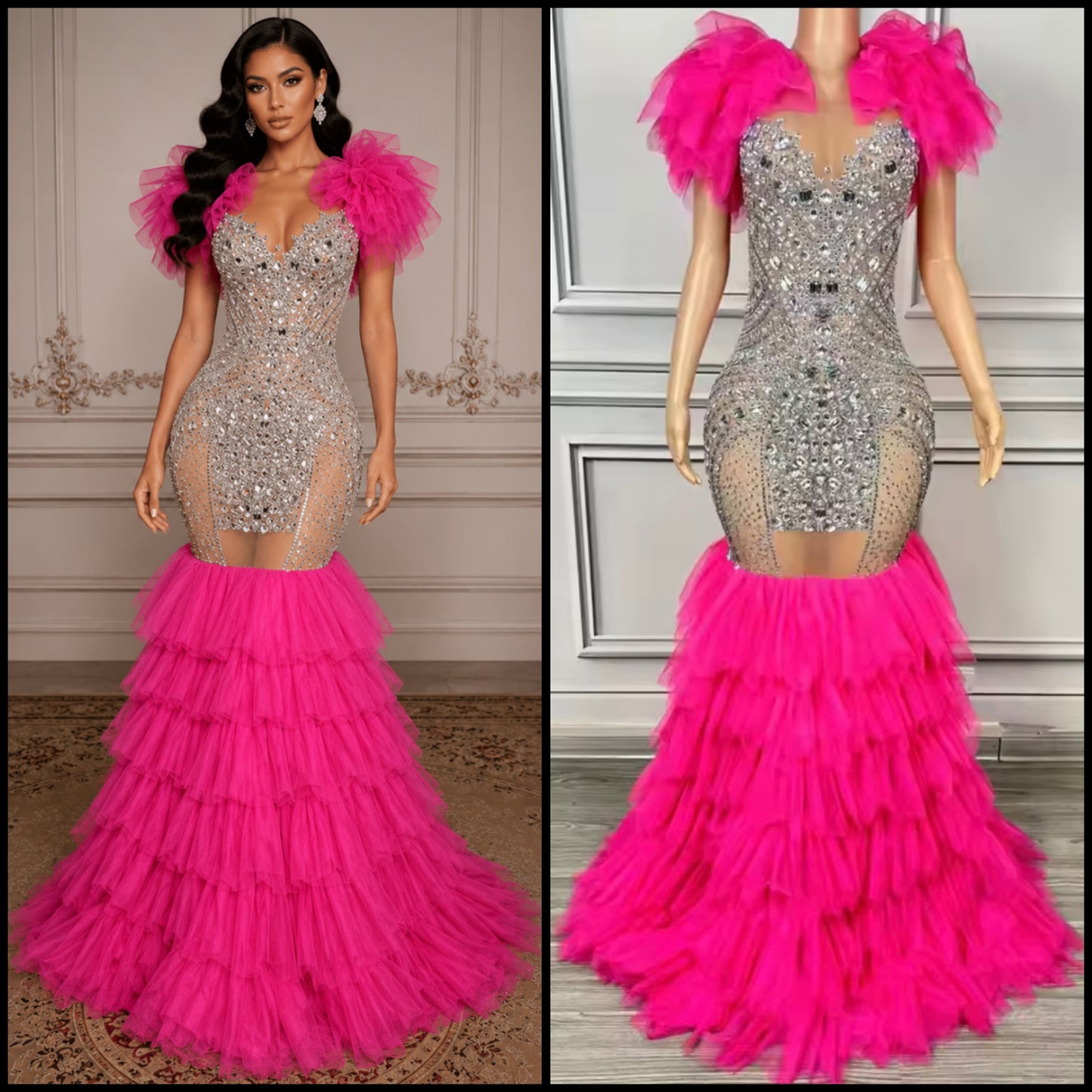 Sexy Sleeveless Rhinestone Ruffle Floor-Length Dress
