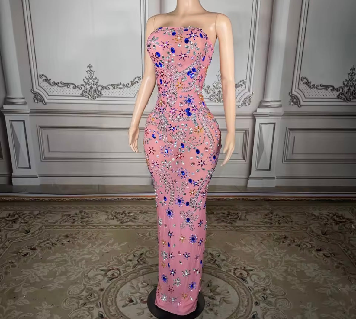 Pink Sexy Strapless Crystal Rhinestone Maxi Dress