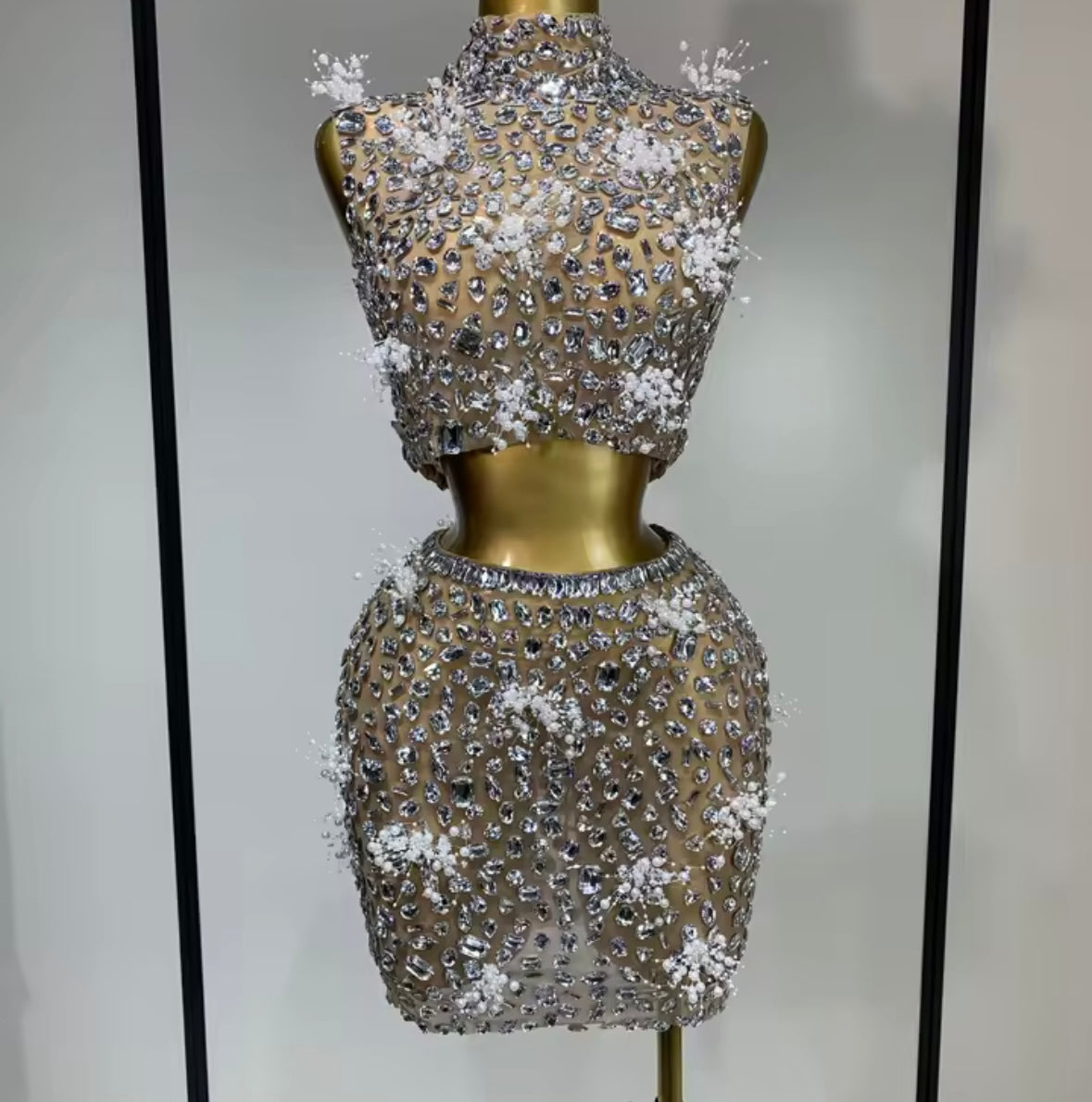 Sleeveless Crystal Rhinestone Sexy Mesh Two Piece Skirt Set