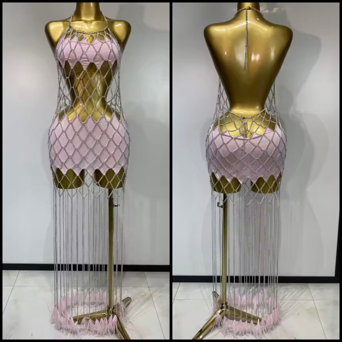 Sexy Pink Halter Sleeveless See Through Chain Tassel Dress