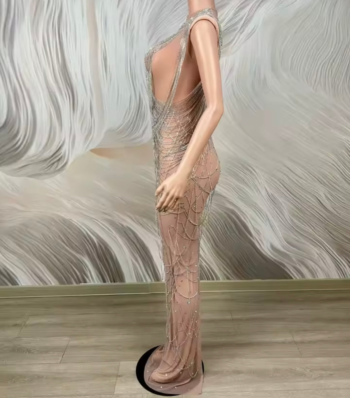 Sexy Sleeveless Rhinestone Chain See Through Maxi Dress