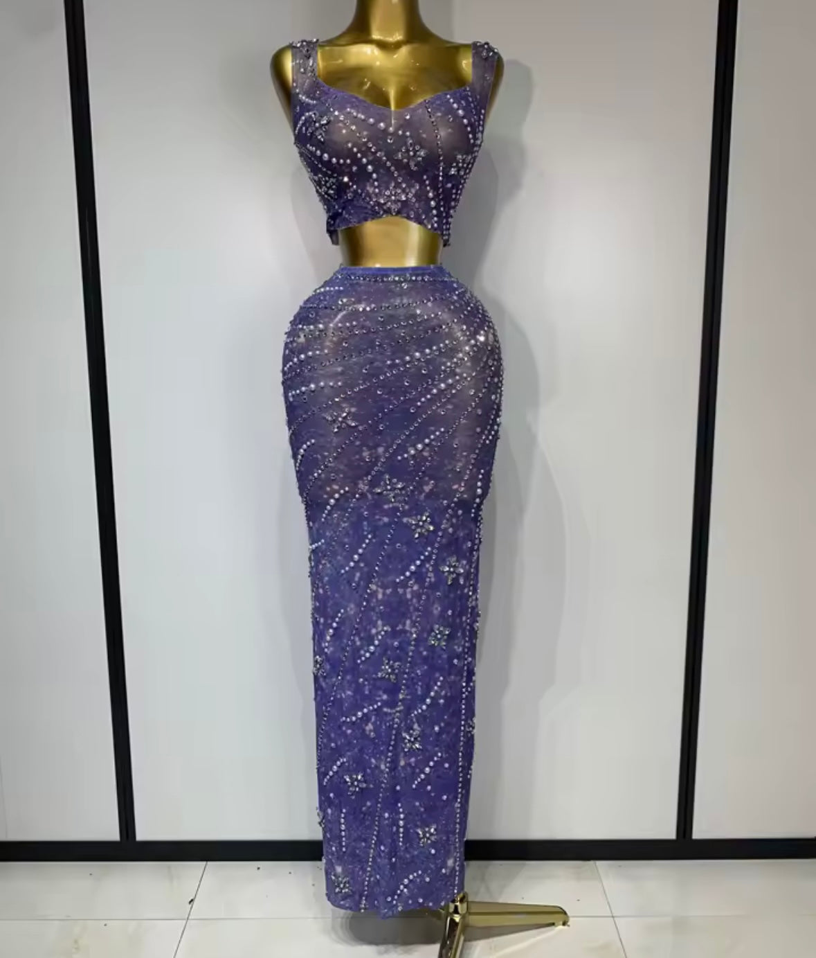 Sexy Sleeveless Rhinestone Beaded Two Piece Maxi Skirt Set