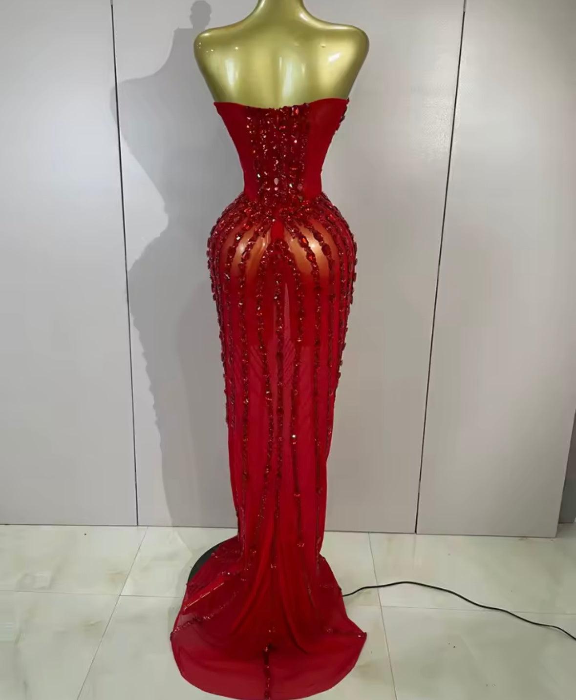 Red Sexy Strapless Crystal See Through Floor-Length Dress
