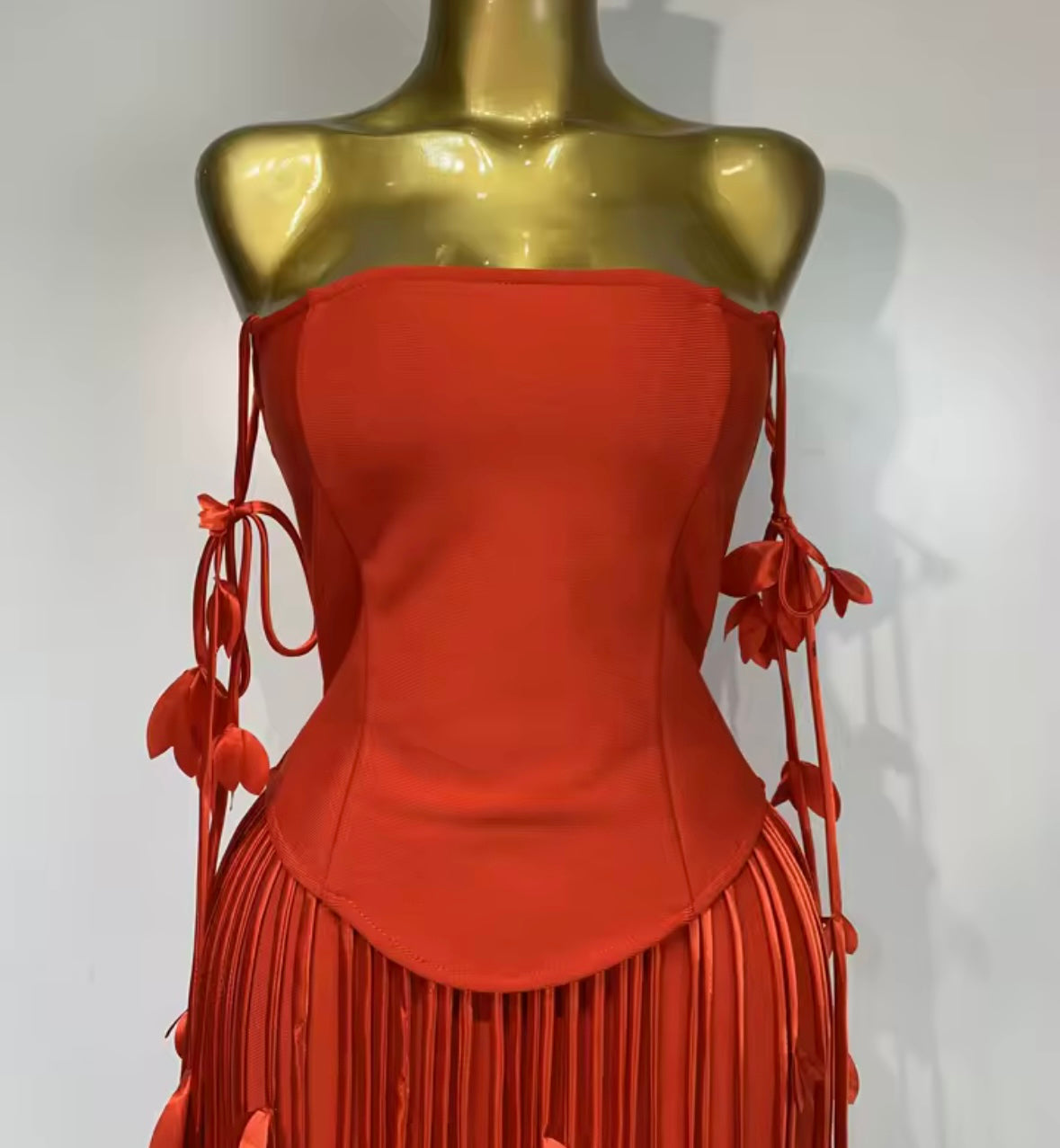Elegant Strapless Red Floral Tassel Dress